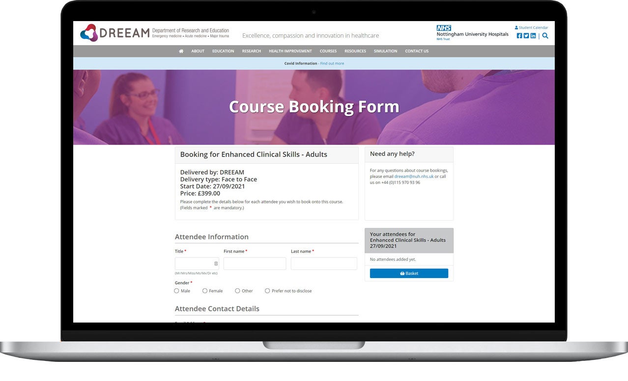 Course booking form shown on the DREEAM website
