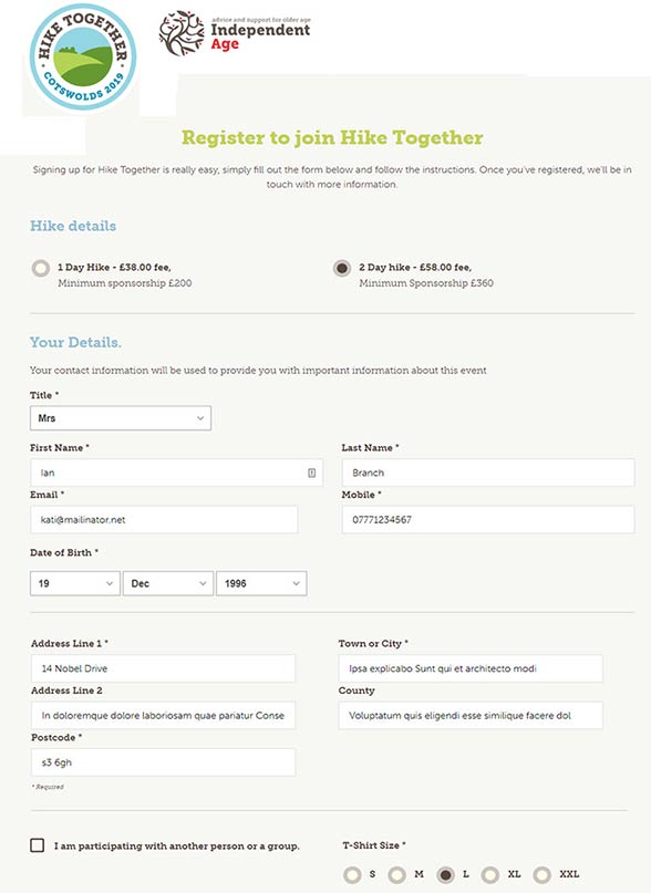 Events registration form for Independent Age